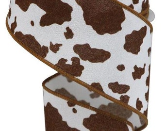 Fuzzy Cow Print Wired Ribbon, Brown and White, 2.5x10yd Fuzzy Cow