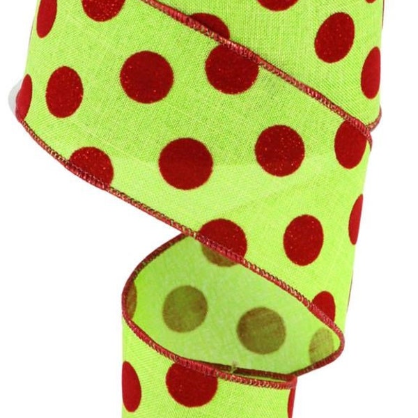 Christmas Wired Ribbon, 2.5"X10yd Velvet / Glitter Polka Dots, Lime with Red Dots Ribbon