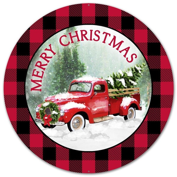 Merry Christmas with Vintage Truck Sign, Merry Christmas/Truck/Plaid, 12 inch diameter metal sign