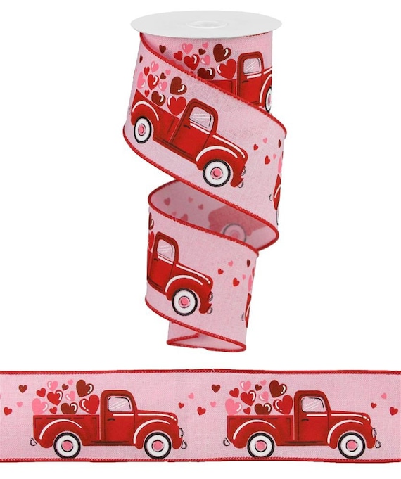 Valentine's Day Wired Ribbon, 2.5X10yd Truck With Hearts On Royal, Vintage  Truck, Pink and Red Ribbon