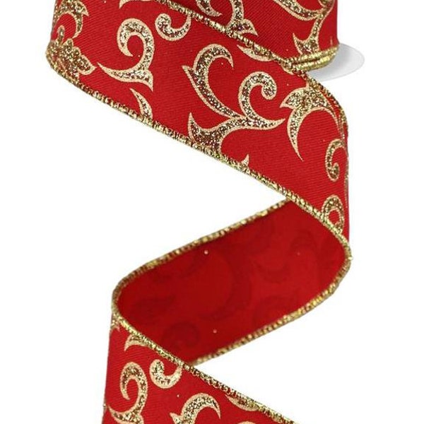 1.5" x 10yd Acanthus Leaf, Red with Gold Acanthus Leaves Wired Ribbon, Christmas Ribbon