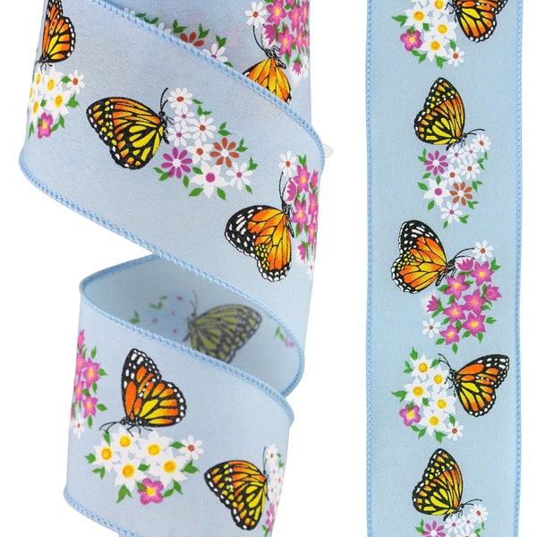 Butterfly Wired Ribbon, 2.5" x 10yd Butterfly With Flowers, Butterflies on Light Blue Background Wired Ribbon