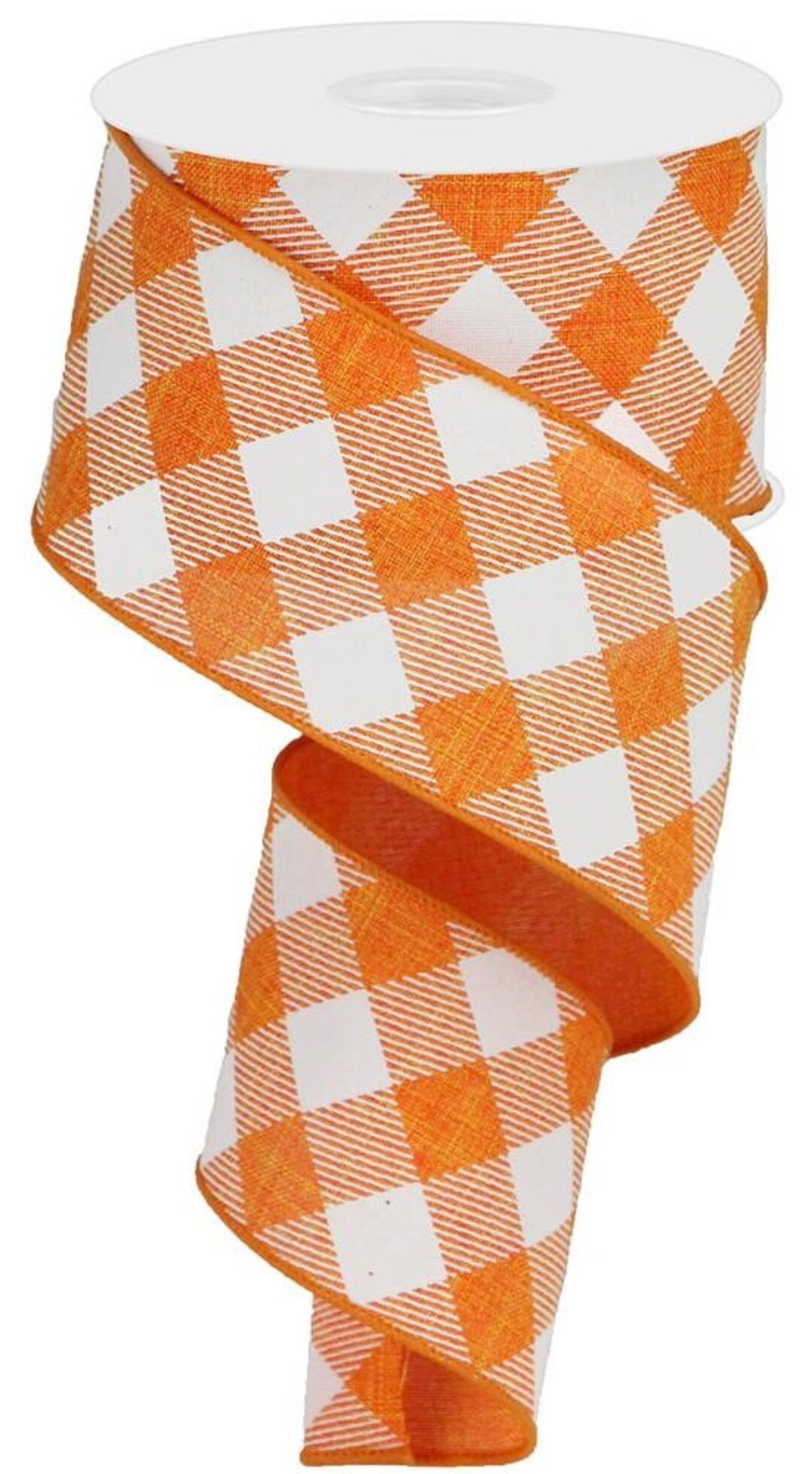 Orange and White Check Wired Ribbon, 2.5