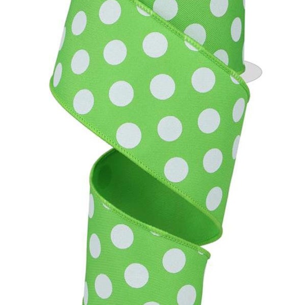 Lime Green and White Polka Dots Wired Ribbon, 2.5" X 10Yd Large Polka Dot