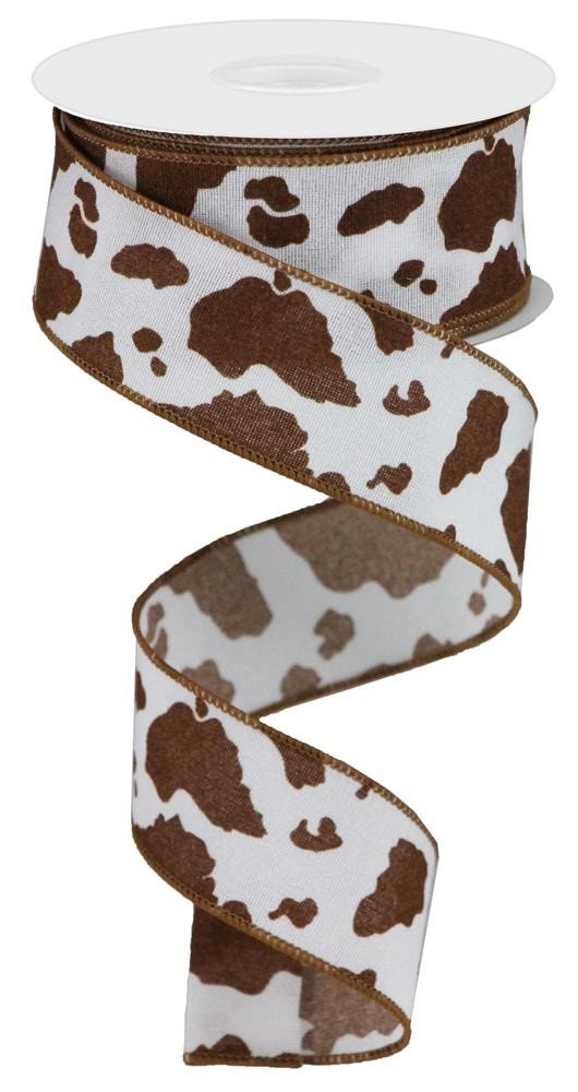 Fuzzy Cow Print Wired Ribbon, Brown and White, 2.5x10yd Fuzzy Cow