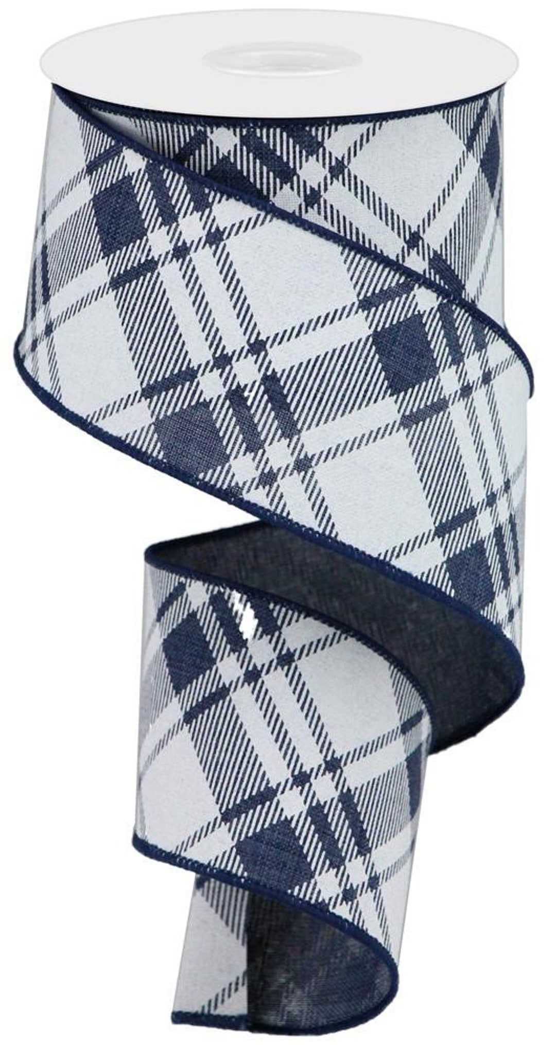 Navy and White Diagonal Check Wired Ribbon, 2.5