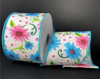 Daisies Wired Ribbon, Spring Ribbon, 2.5" X 10yd Wired Satin Daises Ribbon - White / Blue / Pink, Floral Ribbon