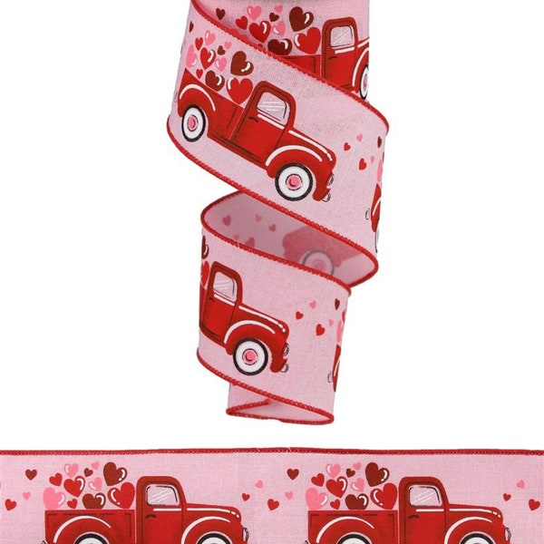 Valentine's Day Wired Ribbon, 2.5"X10yd Truck With Hearts On Royal, Vintage Truck, Pink and Red Ribbon