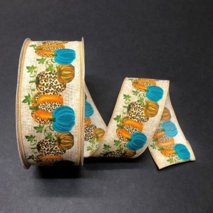 Leopard Pumpkins Wired Ribbon, 2.5" X 5yd Wired Satin Linen Chee…