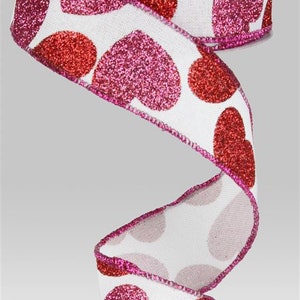 Sheer Organza Glitter Hearts Valentine's Day Wired Ribbon, 1-1/2