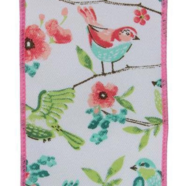 Birds and Flowers Wired Ribbon, 2.5" X 10Yd Birds with Floral Branches, Flower Ribbon, Spring Ribbon, Easter Ribbon