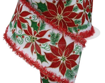 May include: A roll of Christmas ribbon featuring a poinsettia and holly design. The white ribbon has a repeating pattern of red poinsettias, green holly leaves, and gold accents. The edges are trimmed with red tinsel.