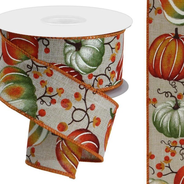 Pumpkins Wired Ribbon, 1.5"X10yd Pumpkins with Bittersweet Berries on Royal, Rust, Orange, and Sage Green Pumpkins- Light Natural Background