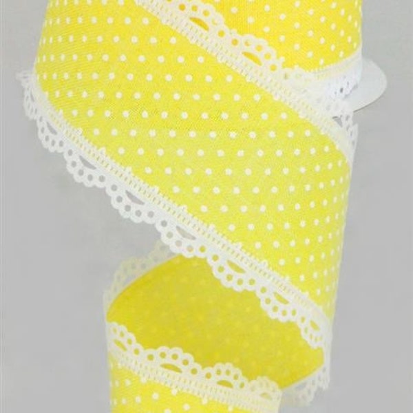 Yellow and White Raised Swiss Dots with Lace Wired Ribbon, 2.5"X10yd Raised Swiss Dots with Lace On Royal