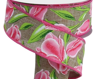 Floral Wired Ribbon, 1.5"X10yd Tulips On Royal, Tulips Wired Ribbon, Pink and Beige, RGE1146Y2