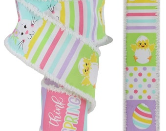 May include: A 2.5-inch wide Easter ribbon with a white background and colourful stripes. The ribbon features a repeating pattern of bunnies, chicks, and eggs. The text "Think Spring" is printed on the ribbon.