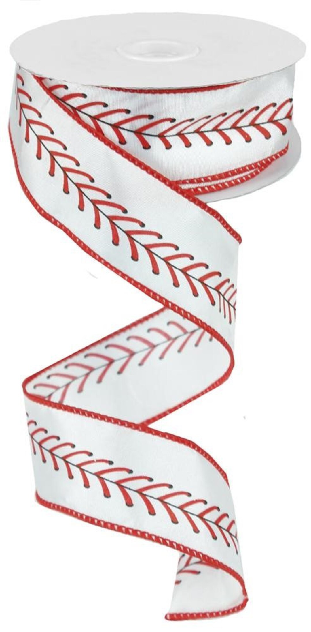 Baseball Wired Ribbon- White / Red / Black , Sports Ribbon, 1.5