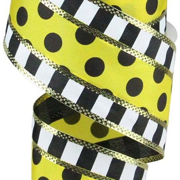 Bumble Bee Wired Ribbon, 2.5"X10yd 3 In 1 Polka Dot W/Stripes