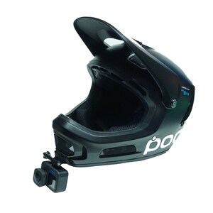 May include: Black full-face bicycle helmet with a white "POC" logo and a GoPro camera mounted on the side.