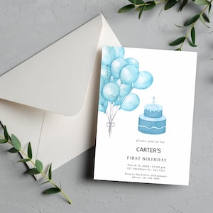 blue birthday balloon invite|birthday invitation|boy birthday invite|