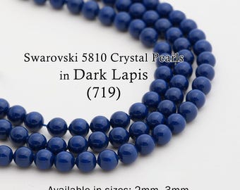 Swarovski 5810 Dark Lapis Round Pearls, Full-Drilled Beads, 2/3/4/5/6/8/10/12mm, Crystal Pearl Beads 719 for Jewelry Making, Made in Austria