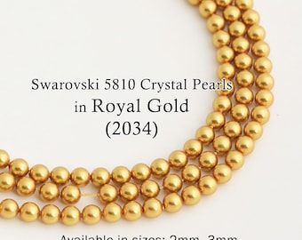Swarovski 5810 Royal Gold Round Pearls, Full-Drilled Beads, 2/3/4/5/6/8/10/12mm, Crystal Pearl Beads 2034 for Jewelry Making,Made in Austria
