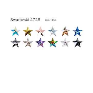 May include: Assortment of 12 Swarovski 4745 star-shaped rhinestones in various colors, including clear, blue, gold, and iridescent. The rhinestones are 5mm by 10mm.