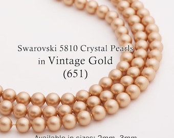 Swarovski 5810 Vintage Gold Round Pearls, Full-Drilled Beads,2/3/4/5/6/8/10/12mm, Crystal Pearl Beads 651 for Jewelry Making,Made in Austria