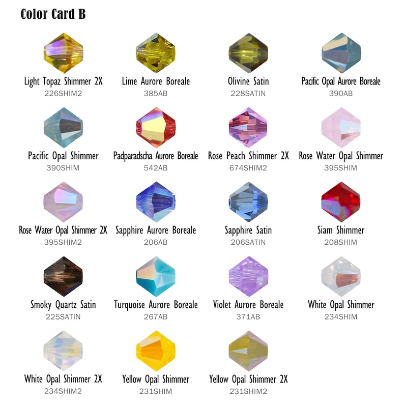 May include: Color card B showing 16 different colors of glass beads. Each bead is a different color and has a different name and code. The beads are arranged in a grid pattern.