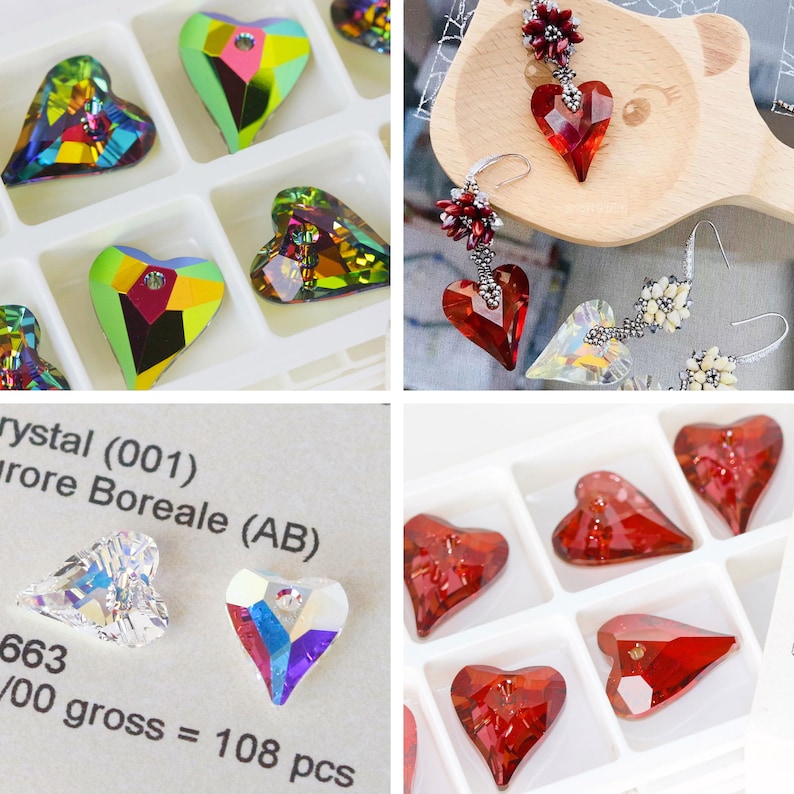 Op de afbeelding: Een assortiment van hartvormige kristallen strass in verschillende kleuren, waaronder helder, rood en iriserend. De strassstenen worden getoond in een witte plastic bak met een label waarop staat "crystal (001) rore Boreale (AB) 663 100 gross = 108 pcs".