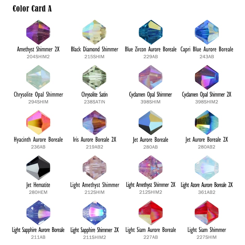 May include: Color card A showing 16 different colors of glass beads. The beads are arranged in a grid with four rows and four columns. Each bead is labeled with its name and code. The beads are all in the same size and shape.