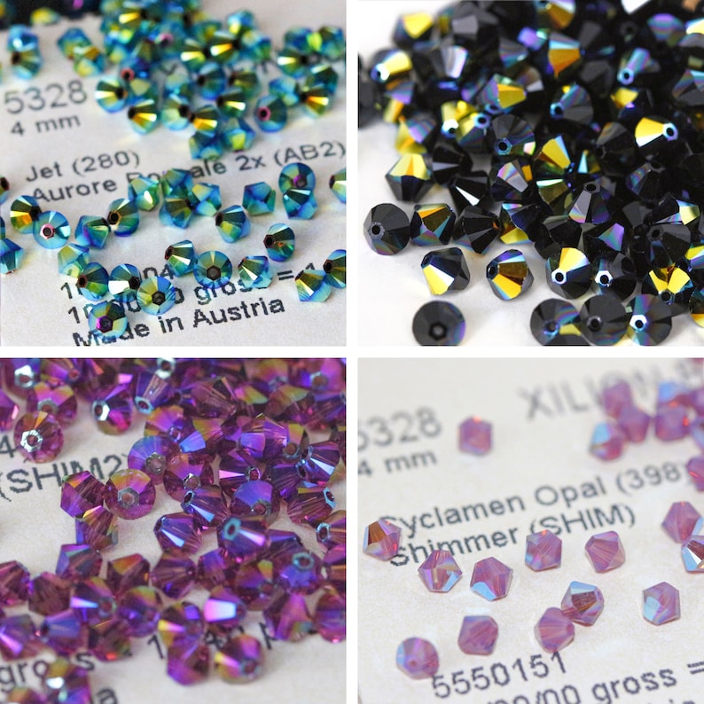 May include: Assortment of 4 mm crystal beads in various colors, including jet black, teal, purple, and pink. The beads are faceted and have a shimmer finish. The packaging includes the bead size, color, and code.