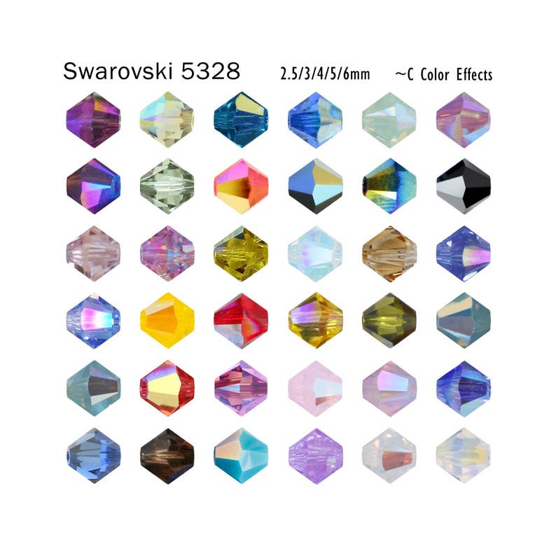 May include: Assortment of Swarovski 5328 bicone beads in various colors and sizes, ranging from 2.5mm to 6mm.  The beads are arranged in a grid pattern on a white background.  ~C Color Effects