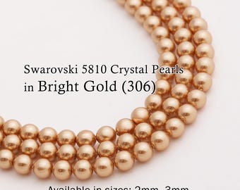 Swarovski 5810 Bright Gold Round Pearls, Full-Drilled Beads, 2/3/4/5/6/8/10/12mm, Crystal Pearl Beads 306 for Jewelry Making,Made in Austria