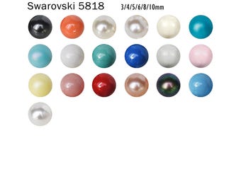 May include: Assortment of 18 round, pearl-like beads in various colors, including white, black, blue, red, pink, and turquoise. The beads are arranged in three rows of six beads each. The text "Swarovski 5818 3/4/5/6/8/10mm" is displayed above the beads.