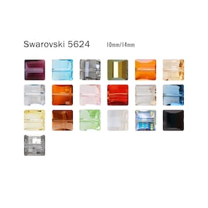 May include: A collection of Swarovski 5624 crystal beads in various colors, including purple, blue, gray, green, orange, and yellow. The beads are square-shaped and measure 10mm/14mm. The image is on a white background.