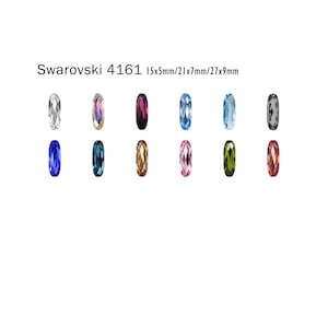 May include: Assortment of Swarovski 4161 oval-shaped crystal beads in various colours, including clear, iridescent, burgundy, blue, turquoise, grey, dark blue, brown, pink, green, and red. The beads measure 15x5mm/21x7mm/27x9mm.