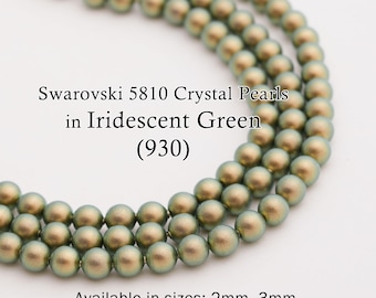 Swarovski 5810 Iridescent Green Round Pearls, Full-Drilled Beads, 2/3/4/5/6/8/10/12mm, Crystal Pearl Beads 930 for Jewelry Making