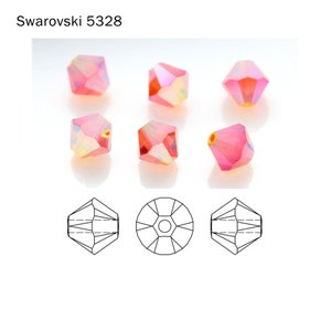 May include: Six pink Swarovski crystal beads, each with a faceted design. The beads are arranged in a semi-circle, with three beads on the top row and three beads on the bottom row. The beads are all the same size and shape. The beads are shown in a close-up view. The beads are also shown in a line drawing, showing the shape and facets of the beads.