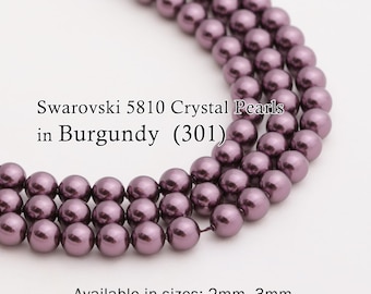 Swarovski 5810 Burgundy Round Pearls, Full-Drilled Beads, 2/3/4/5/6/8/10/12mm, Crystal Pearl Beads 301 for Jewelry Making, Made in Austria