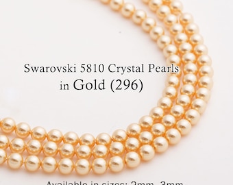 Swarovski 5810 Gold Round Pearls, Full-Drilled Beads, 2/3/4/5/6/8/10/12mm, Crystal Pearl Beads 296 for Jewelry Making, Made in Austria