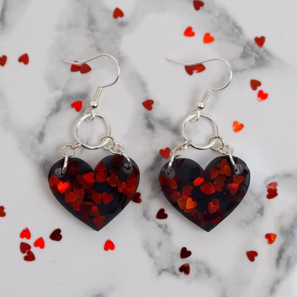 Double Chained Hearts | Handmade Resin Earrings | Silver | Valentines Day