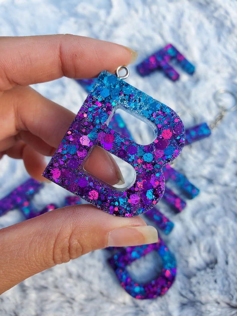 Purple and Blue Glitter Keychain Initial Keychain Letter Etsy