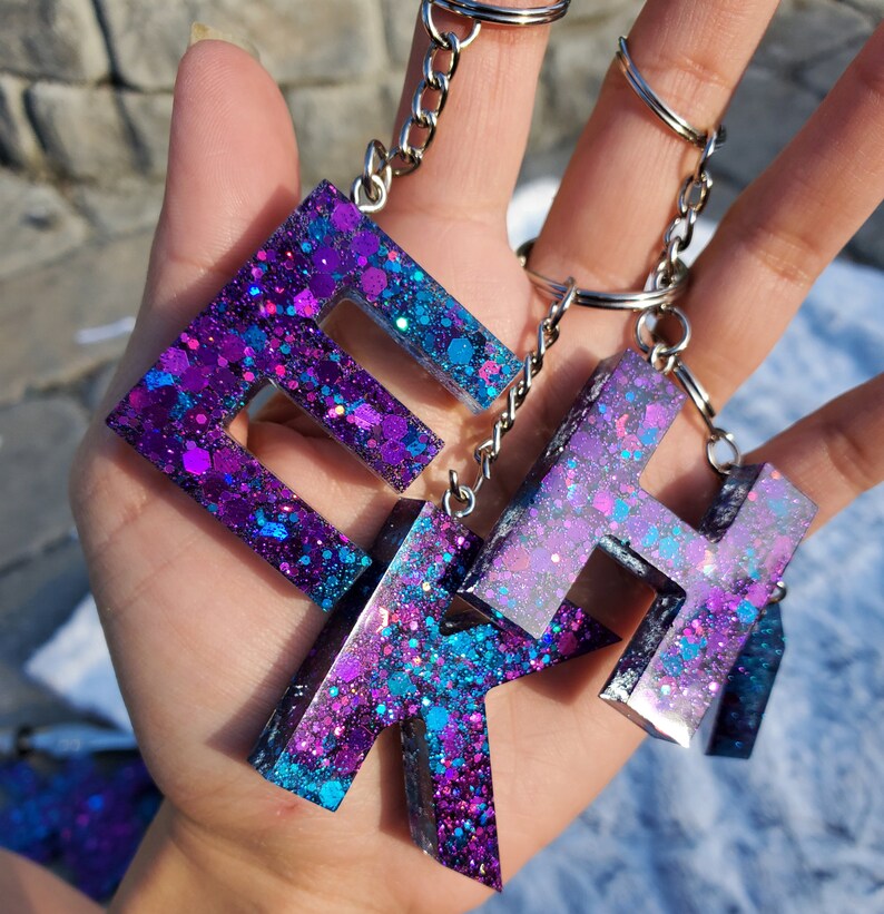 Purple and Blue Glitter Keychain Initial Keychain Letter Etsy