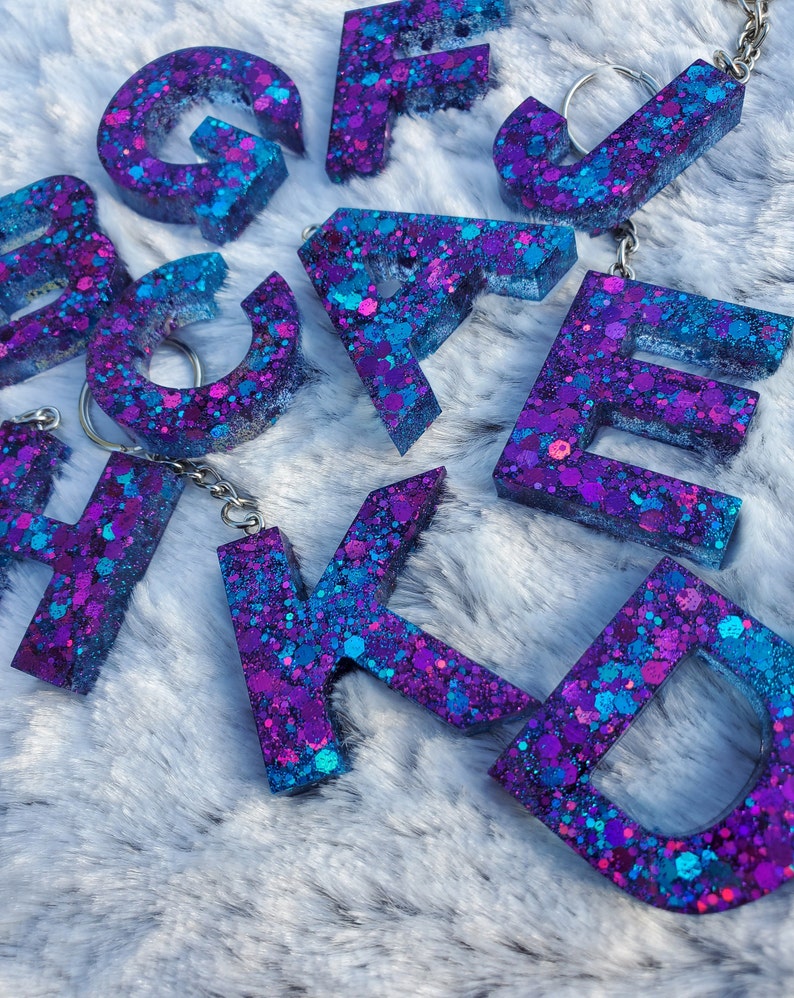 Purple and Blue Glitter Keychain Initial Keychain Letter Etsy