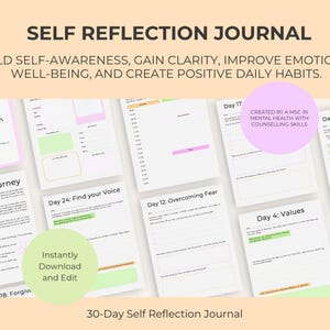 May include: A digital self-reflection journal with multiple pages featuring prompts for daily habits, emotional well-being, and personal growth. The pages include text such as Self-Reflection Journal, A 30-day journey, Day 4: Values, Day 12: Overcoming Fear, Day 24: Find your Voice, and Day 20: Achieving Dreams.