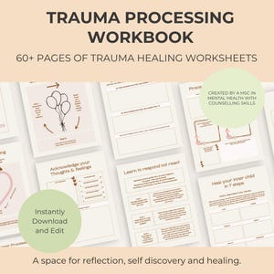 Pode incluir: Um caderno de exercícios de processamento de trauma com mais de 60 páginas de fichas, incluindo títulos como Hearth Breathing, Acknowledge your Thoughts & Feelings e Heal your inner child in 7 steps, com desenhos de balões e corações.