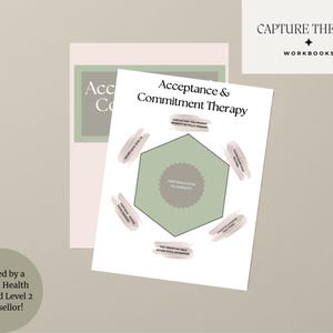 Könnte beinhalten: Ein Arbeitsbuch mit dem Titel "Acceptance & Commitment Therapy" mit einem grün-weißen Diagramm. Das Arbeitsbuch wurde von einem Mental Health MSC und Level 2 Counselor erstellt. Das Logo Capture Theory Workbooks befindet sich oben rechts.