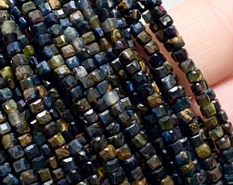 AAA Blue Tiger Eye Faceted Square Beads 2.5mm| Falcon Eye Gemstone Strand
