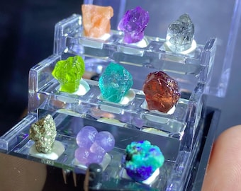 Raw Mineral Collection in Display Case, Miniature Crystal Gemstone Set